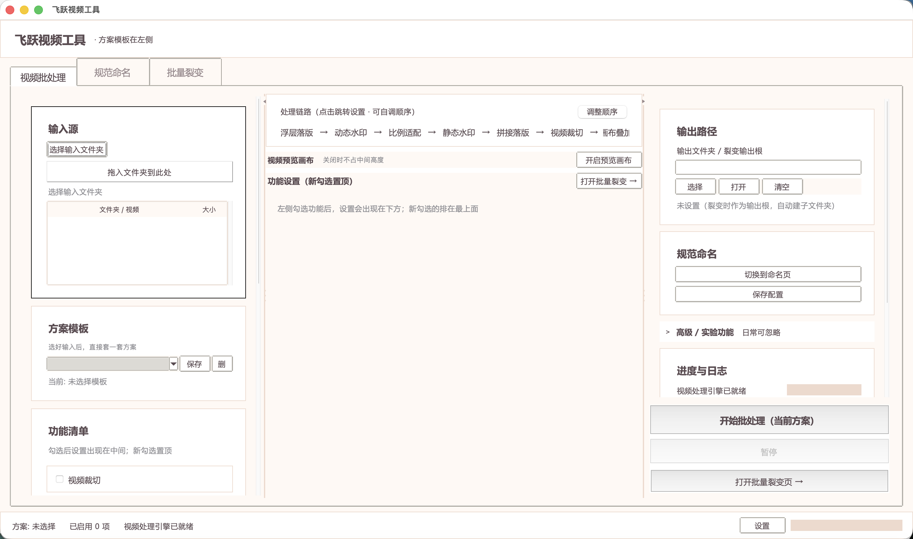 飞跃视频批处理工具真实桌面界面:顶部三个页面,左侧输入源、方案模板与功能清单,中间处理链路与设置,右侧输出路径和日志
